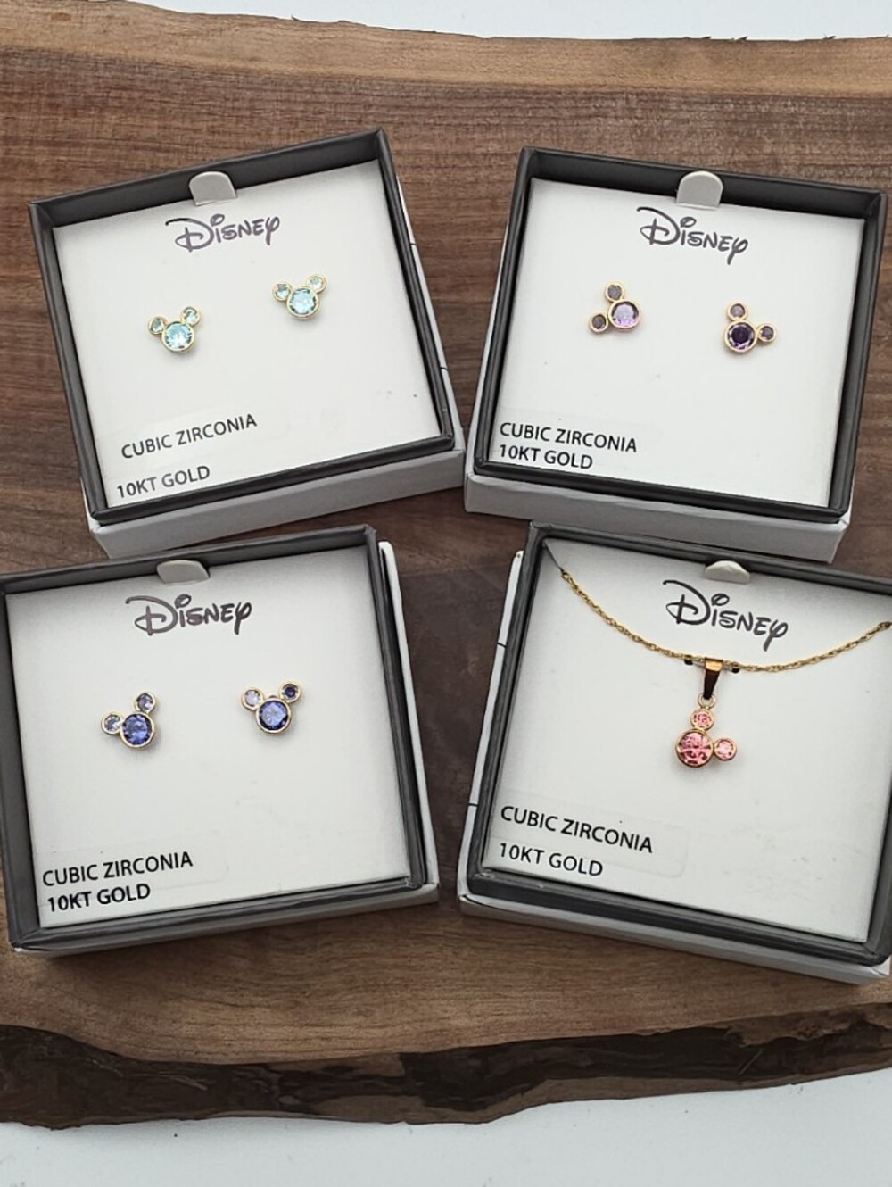 Disney Mickey & Minnie Mouse 10k Gold Earrings & Necklace Pendant Birthstone Set
